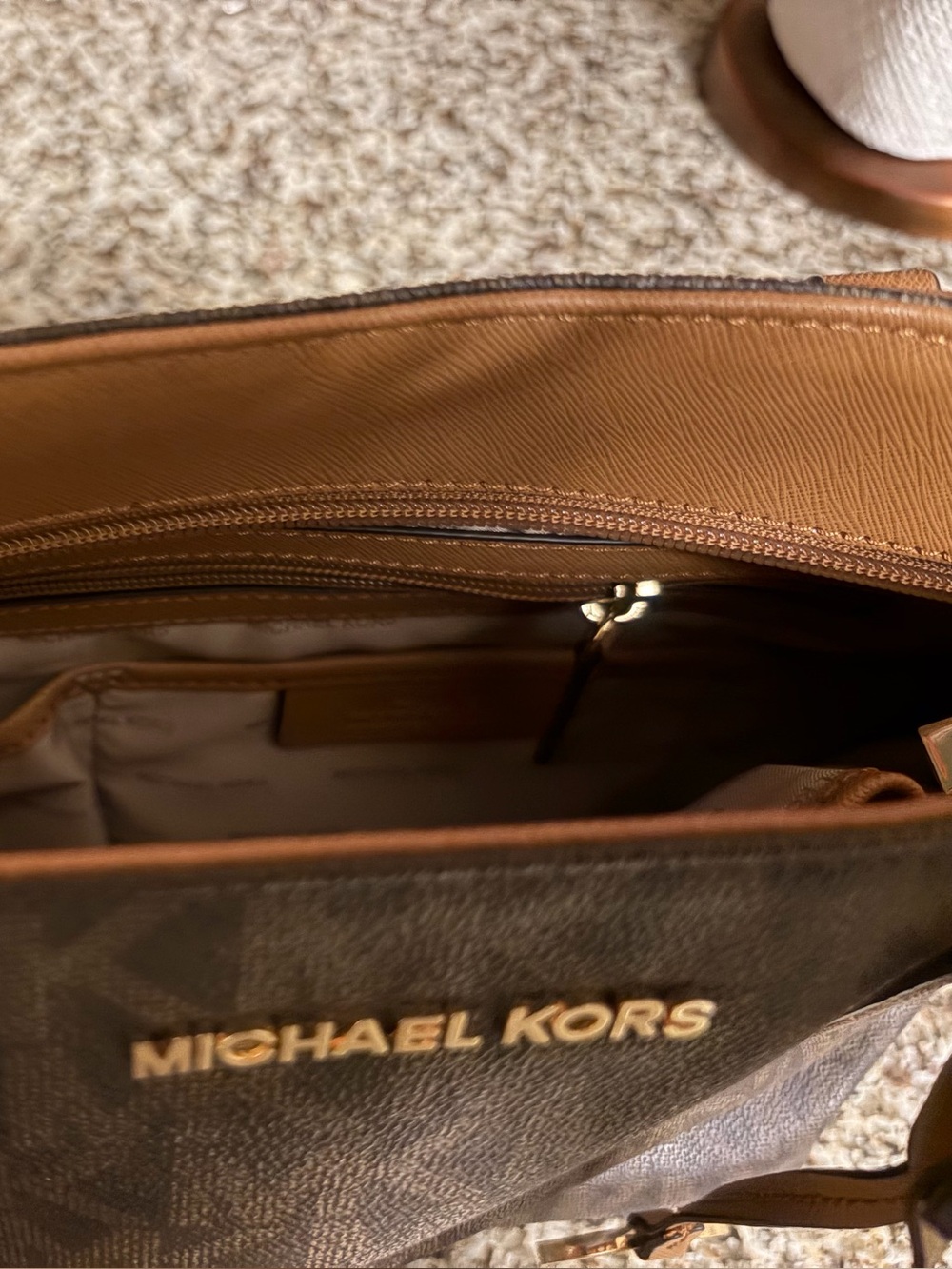 Michael Kors Brown Logo Messenger Bag with Tan Trim